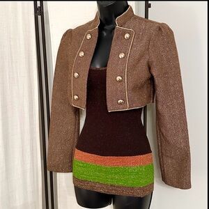 LVL X Brown Gold Shimmer Cropped Military Jacket Blazer Top S